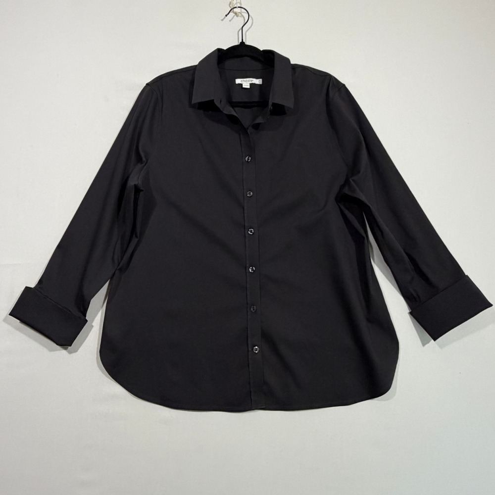 Chicos Womens Shirt Size 2.5 US 14 Black Cotton Blend Button Down Office Siren